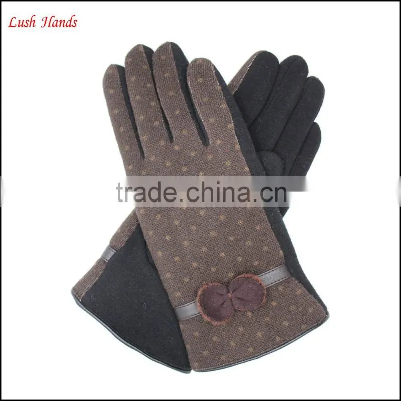 Ladies brown micro velvet gloves with classic bow for wholesale