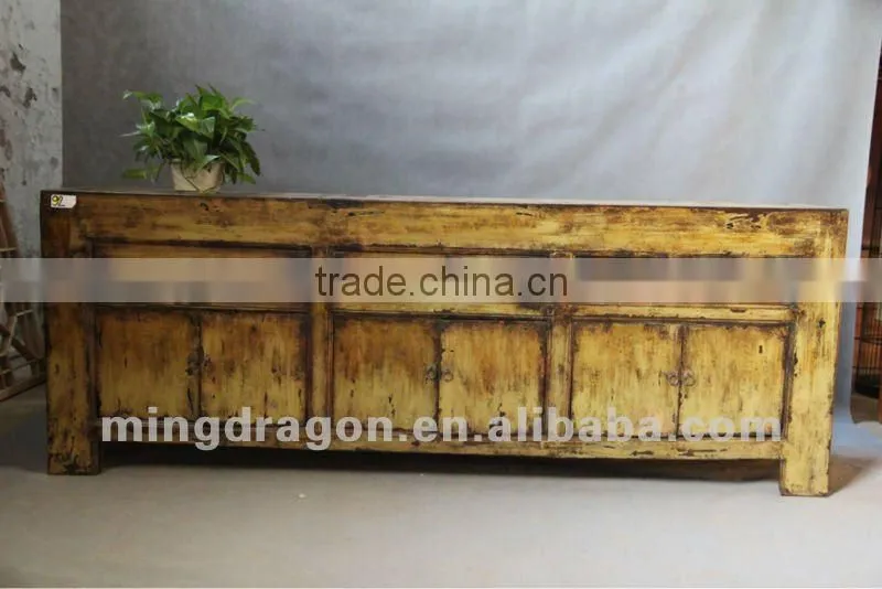 Chinese antique furniture pine wood light yellow color Shanxi three drawer six door TV cabinet