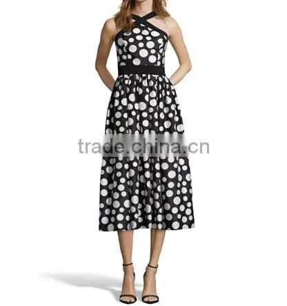 Black And Ivory Polka Dot Patterned Chiffon Midi Semi Formal Dresses
