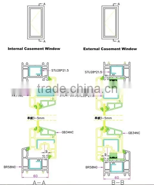 PVC window frame Conch 60 Casement Outwards Opening UPVC Profiles