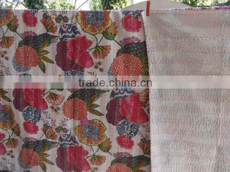 Tropical Kantha Quilt, Handmade Fruit Print Kantha Bedding, Decorative Kantha Work, Indian Cotton Bedspread / Bed Sheet