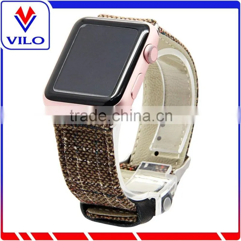 Canvas Fabric Genuine Leather Smart Watch Band Replacement Strap With Adapter Metal Clasp for Apple Watch 38mm 42mm