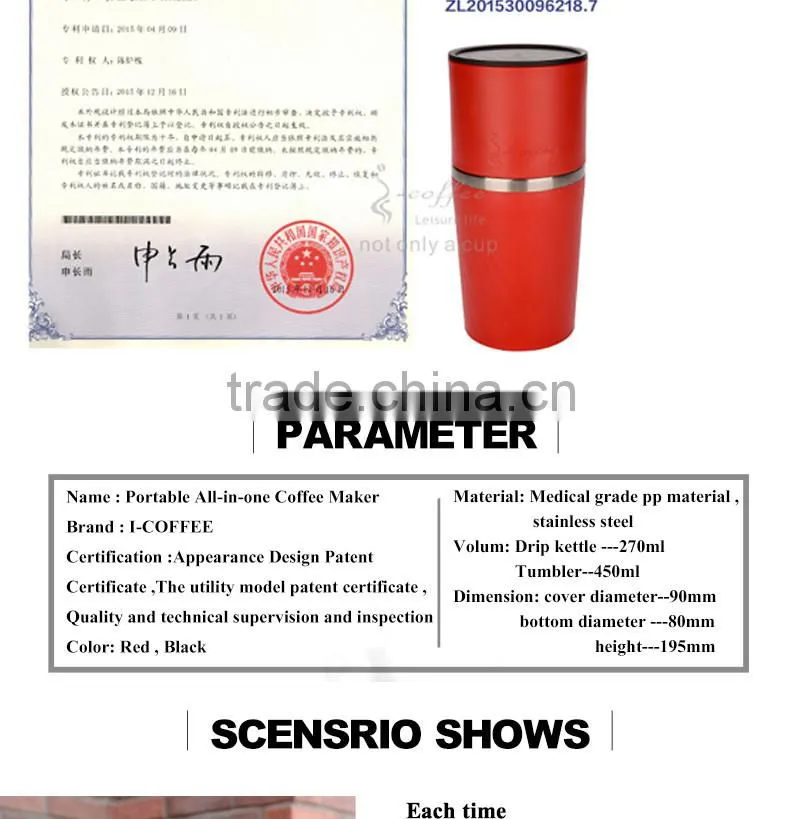 Eco BPA thermo Portable coffee maker with double wall stainless steel tumbler