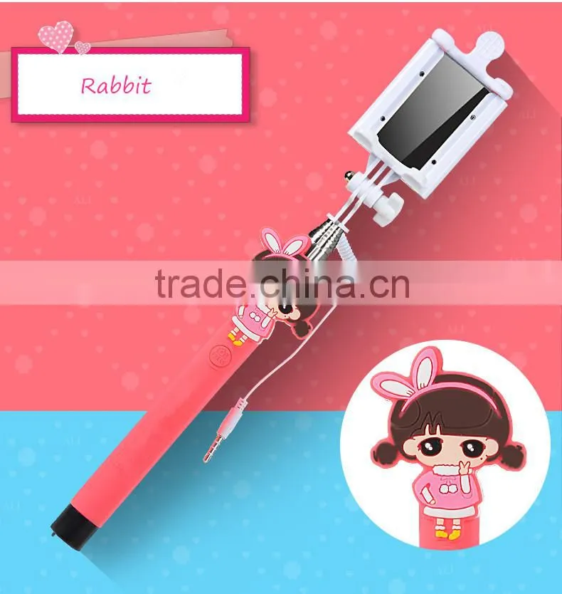 2015 Wholesale Lovely Cartoon Girl Design Portable Selfie Stick Wired Control
