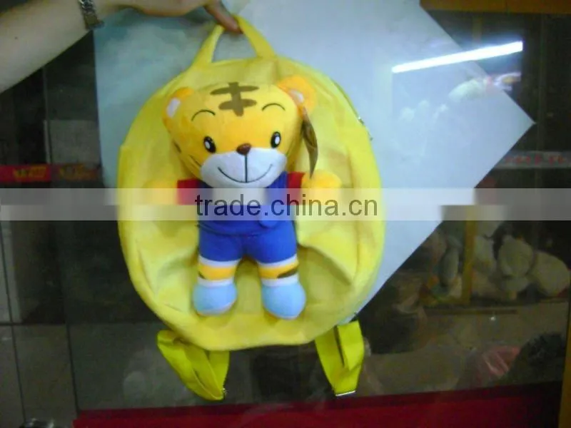 Stuffed and promotional soft tiger animal toy plush backpack with pompom for children