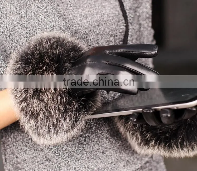 ZF0419 Ladies fashion real fox fur leather gloves in winter
