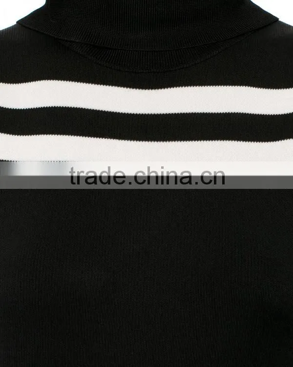 2015 black and white stripes midi dress ribbed neck line fashion woman dress