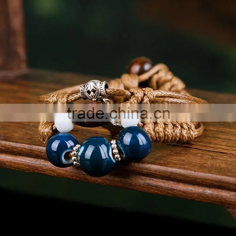 Handmade Vintage Porcelain Beads Bracelet Leather Woven Bracelets