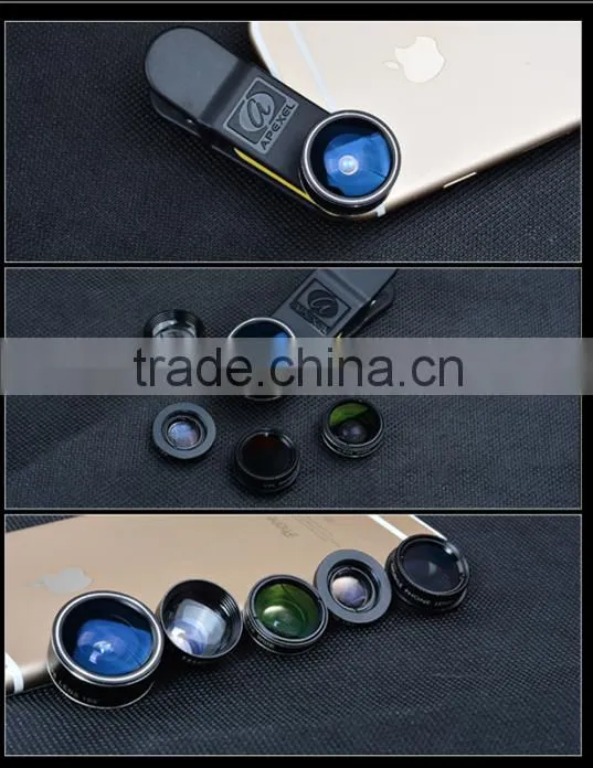 external camera lens for android phone 0.63x Wide Angle+15x Macro+198 fisheye+2x zoom+Filter 5 in 1 phone lens kit