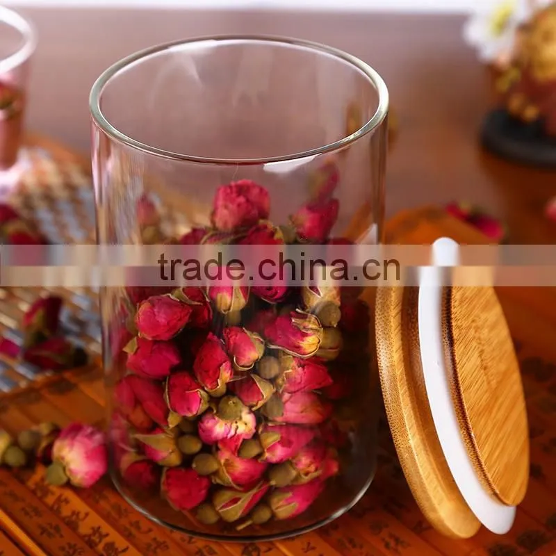 Wholesale heat borosilicate kitchen glass jars with wooden lid QM3370