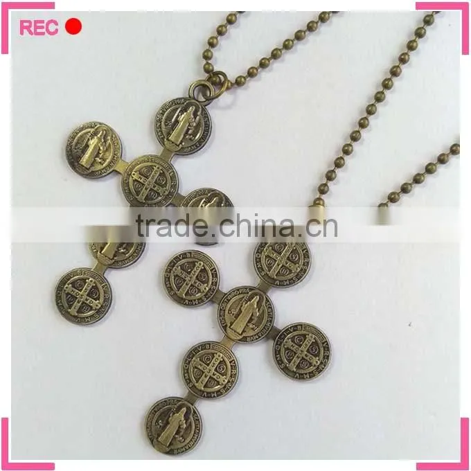 Metal engraved necklace with cross pendant, antique copper necklace