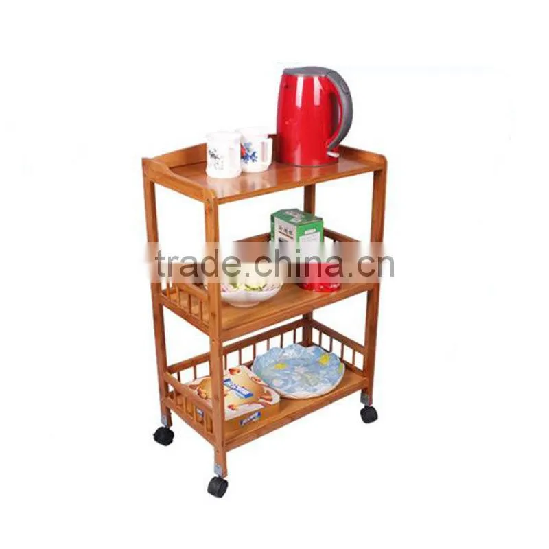 Wholesale Bamboo Kitchen Cart New Mobile Dining Car with Baskets, Shelves and 8-Slot Wine Bottle Holder
