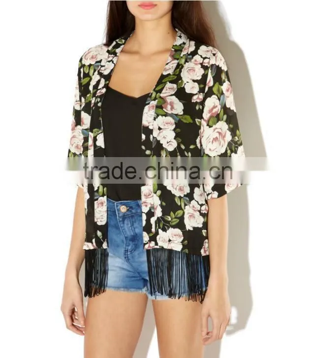 Wholesale Women New Fashion Floral Printed Chiffon Shawl Tops Fringe Tassel Vintage Print Loose Kimono Beach Cover Up Beachwear