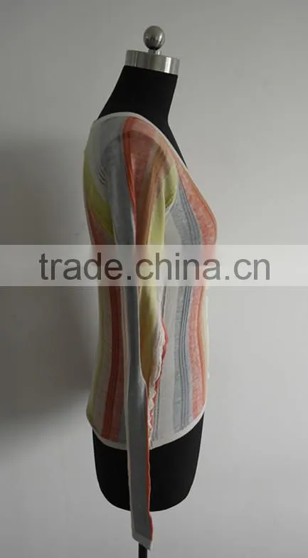 Ladies 100%cotton vertical stripe knitted cardigan sweater