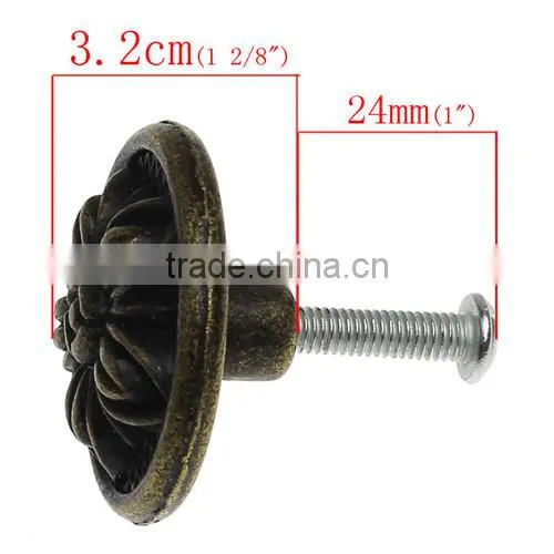 Round Antique Bronze Flower Pattern Carved Jewelry Box/Case Drawer Pull Knob Handles With Screw 3.2x1.8cm
