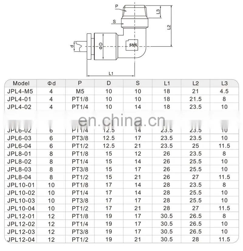 SNS JPL Series nickel plated brass male elbow push to connect pneumatic tube fitting air hose connector
