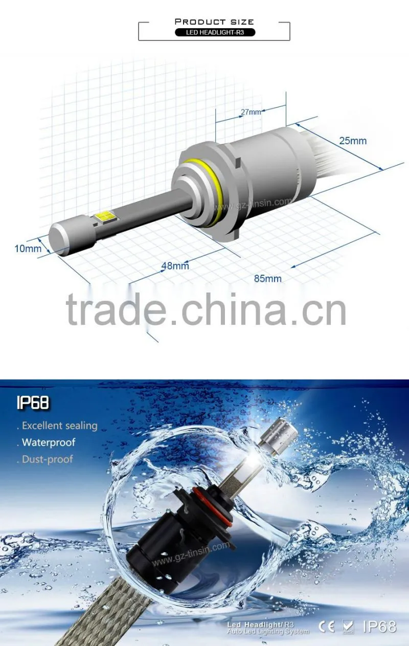 Super bright IP68 All in one no fan R3 9006 led headlight for car and motorcycle