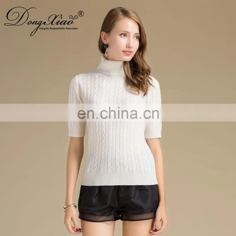2024 Classic Cable Knit Women's Turtleneck Pullover Half Sleeves Cashmere Sweater Winter 100% Cashmere Solid Pattern Logo Back
