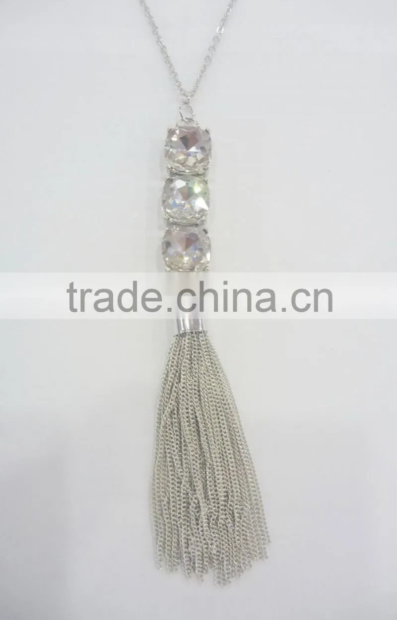 FASHION BIG GLASS STONE CHAIN TASSEL NECKLACE