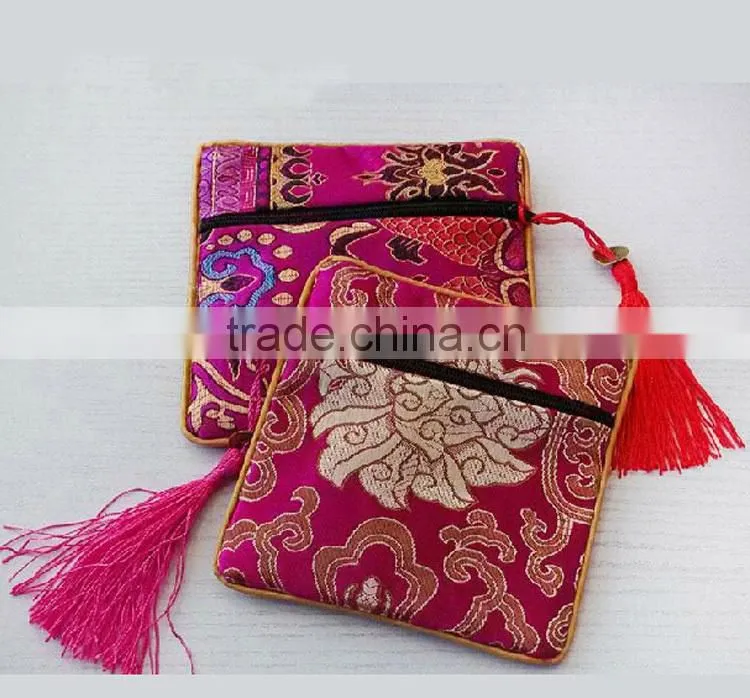 Zipper Embroidery Red Satin Pouch
