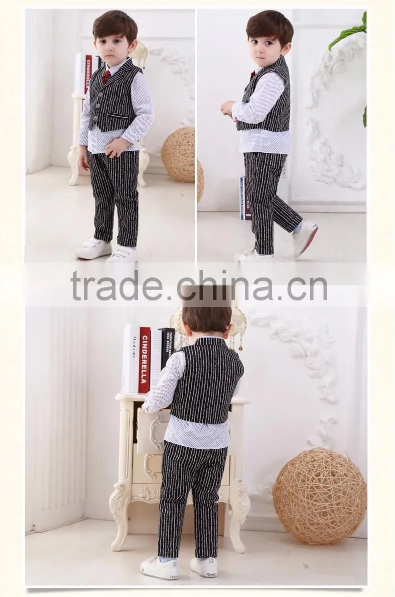 2016 Wholesale New arrival British Striped vest three-piece baby boy set plaid shirt with tie baby boy clothes suit