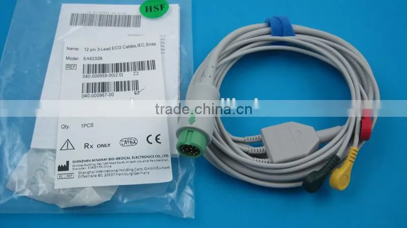 Used original Mindray ECG cable and wires, 12pin, 3 lead, IEC, Snap, 3.6m