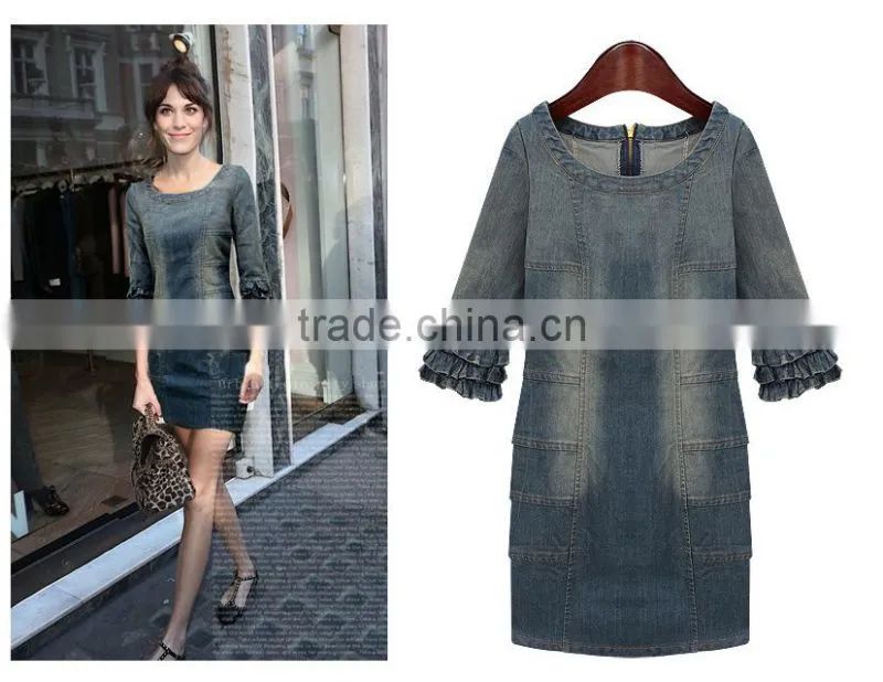 2015 New arrival Latest half sleeve denim halter dress retro denim woman one-piece office dress