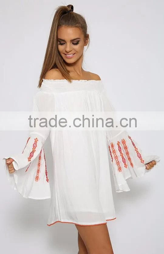 Hot-selling Off Shoulder Butterfly Sleeve Embroidered Stitch Tunic Dress