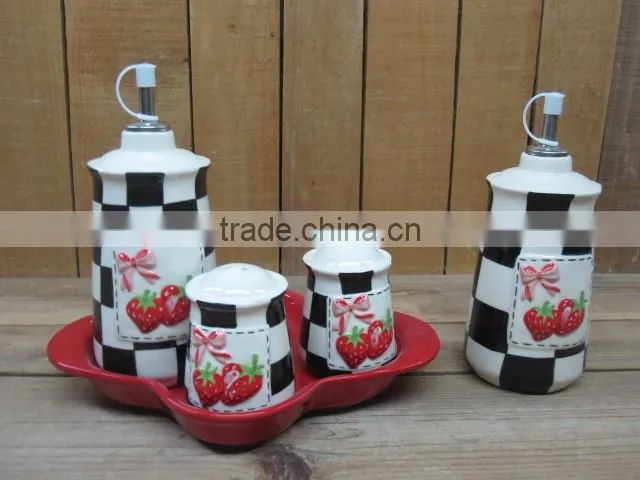 Tableware Ceramic Salt Pepper Oil Vinegar Seasoning Set with Tray