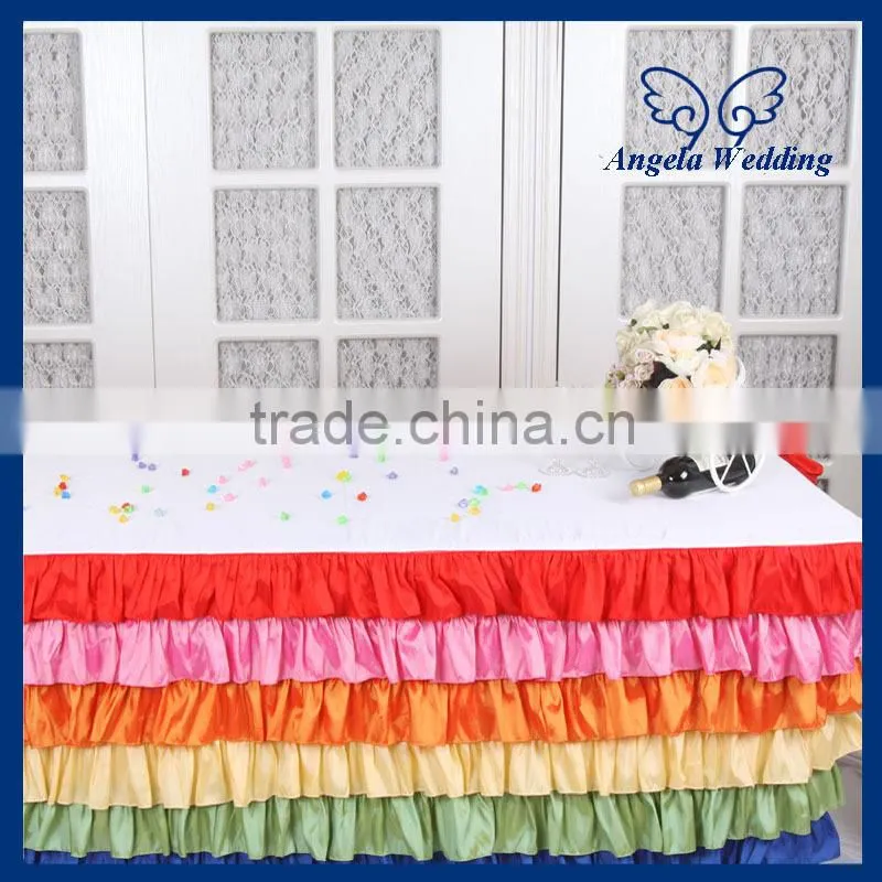 SK002M Wedding hot sale polyester ruffled colorful rainbow steps in table skirting