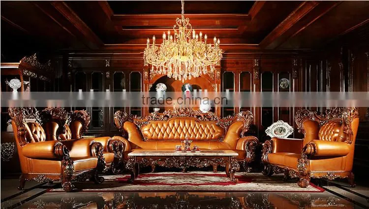 American Style Palace Leather Sofa With Carved Wooden Frame, Villa Sofa Set(MOQ=1 SET)