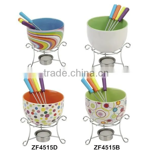 colorful ceramic chocolate fondue set cheese cookware with 4 forks