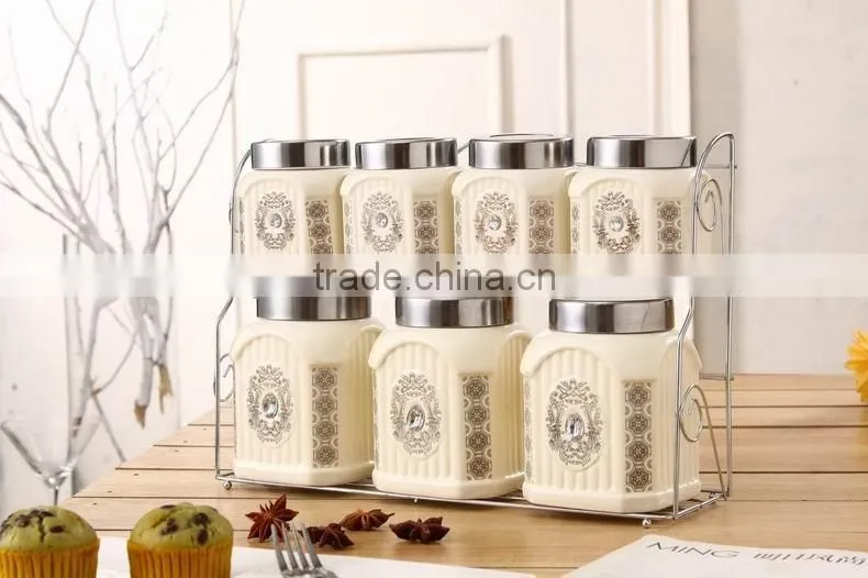 export to turkey colourful ceramic porcelain canister set,ceramic canister,storage jar,ceramic jarwith spoon & bamboo stand