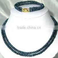 wholesale 2 rows 17-18" 6-7mm dark blue pearls necklace & bracelet set
