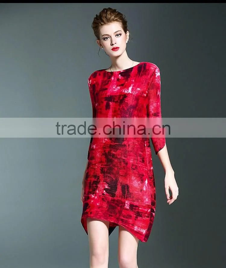 Latest European ladies digital printed gradients wrinkled dresses