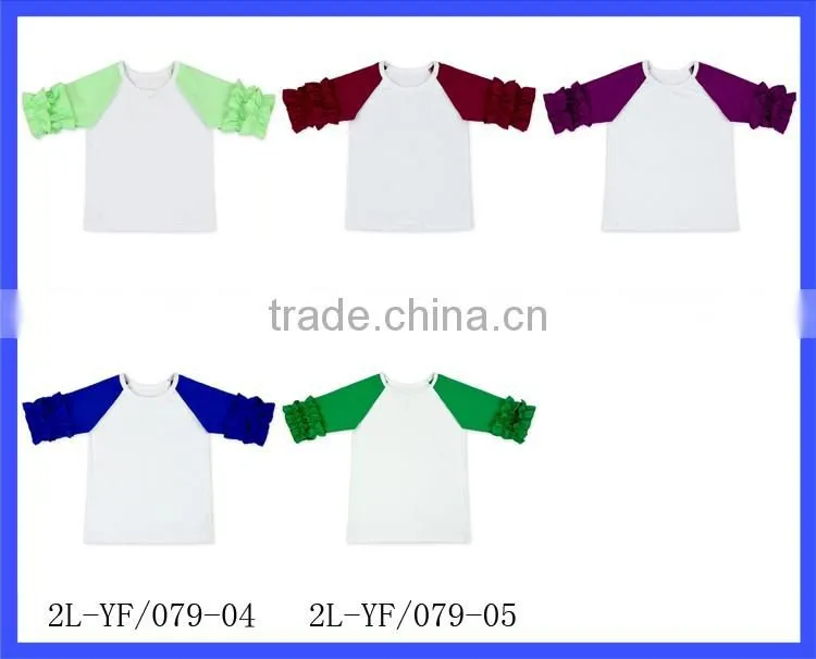 High Quality Raglan Sleeve Soft Cotton White Tops Fabric With Ruffle Green Sleeves Kids Girls Clothing