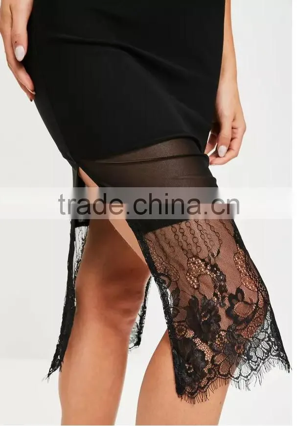 New Design Woman Lace Panel Split Hem Long Sleeve Bodycon Midi Party Dress