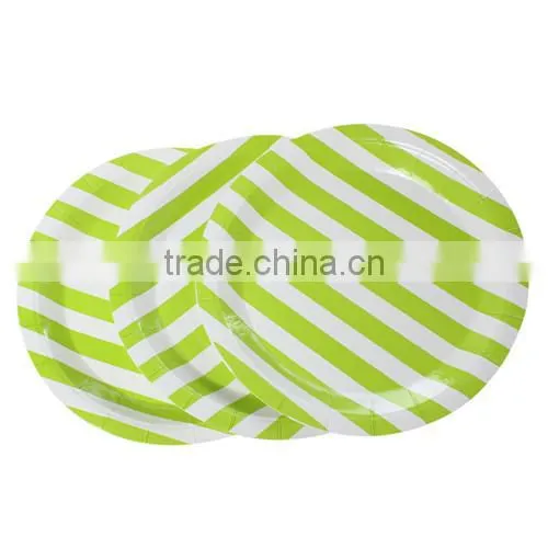 Green Stripe Pattern Round Paper Food Plates 23.0cm