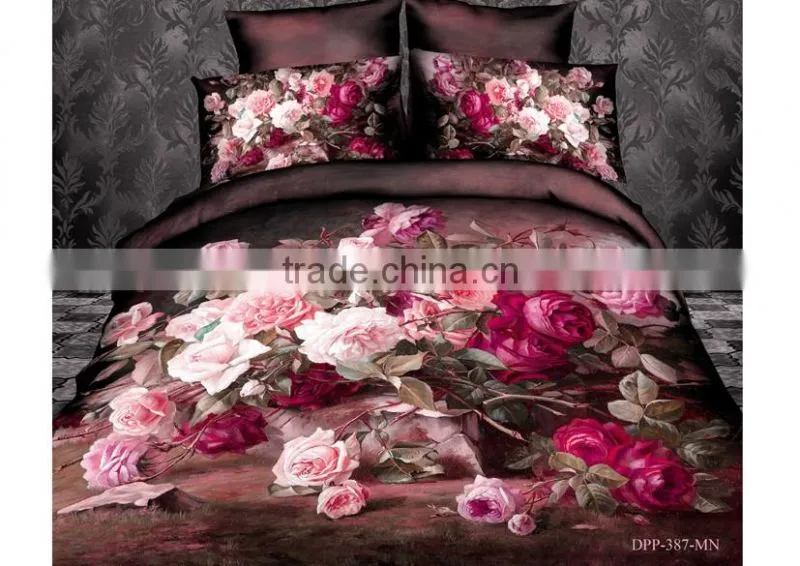 Hot selling chinese 3d printed rose pattern indian silk bedding set