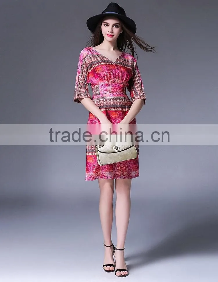 Women Short Sleeve V Neck National Printed Satin Mini Dress Ladies Loose Vintage Design Of Dress