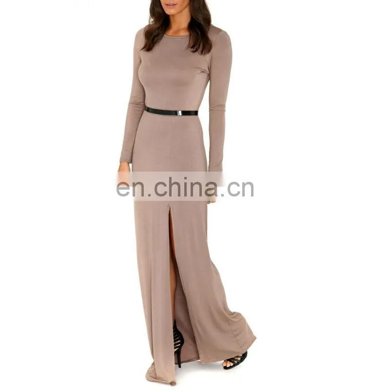 CHEFON Long sleeve jersey brown maxi dress