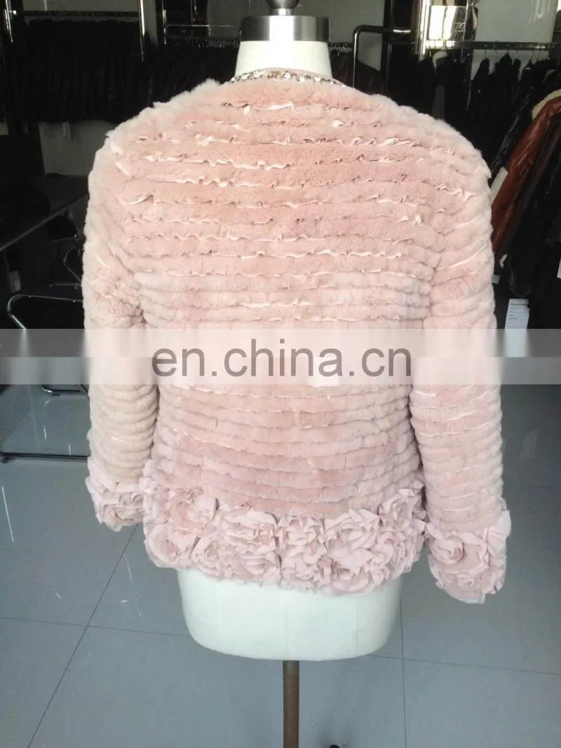 2015 girl's pretty ribbit fur coat pink
