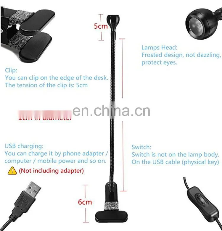 Clip-on table lamp flexible Goose neck adjustable, 1 W eye protection clip light for desk bed computer and music stand