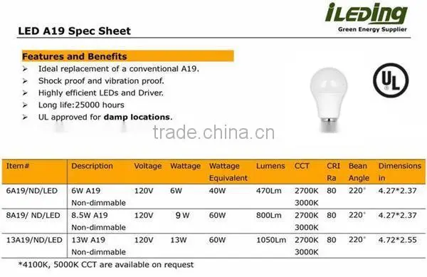 UL listed 9W 800lm A19 LED Light Bulb