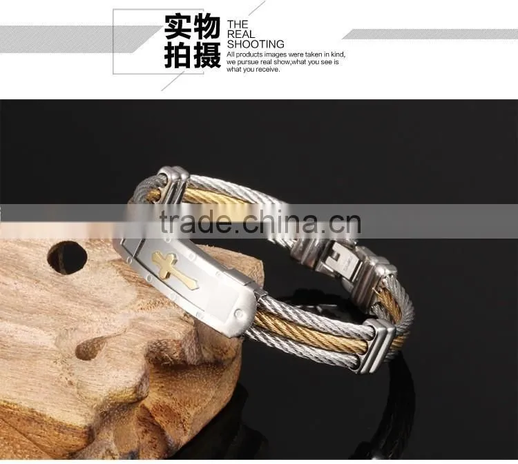 Wholesale Titanium steel man Bangles Three rows between steel wire armoured gold bracelet with cross