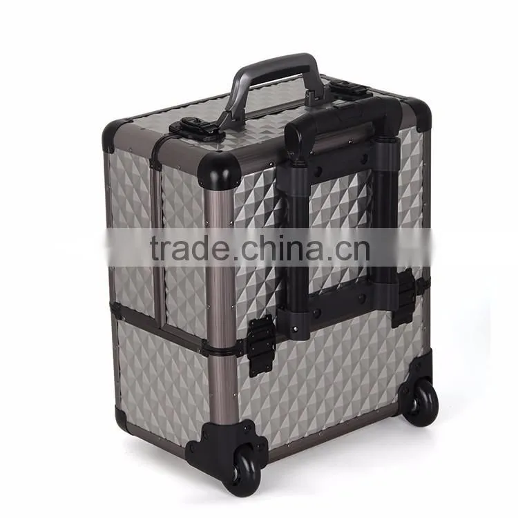 2016 high quality aluminum trolley make up case beauty display case with rolling wheels