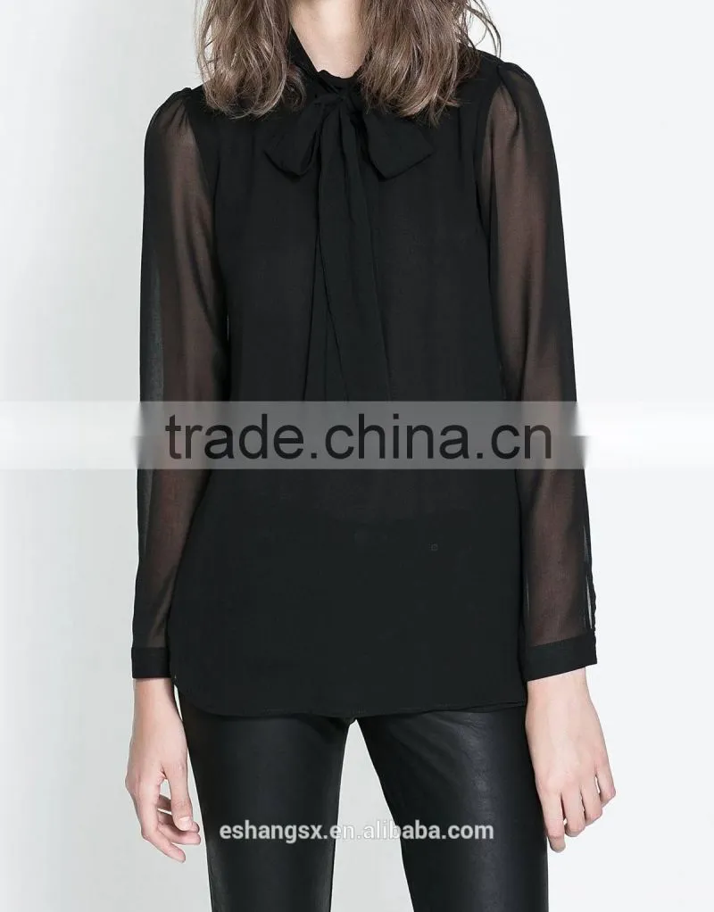 Ladies chiffon sheer pure black shirts
