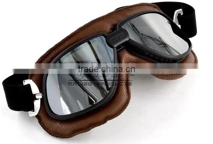 BJ-GT-009 Soft Padded Silver Lens Leather Goggles Motorcycle