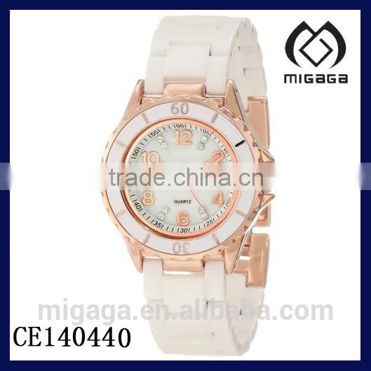 gold plating case enamel bezel white ceramic quartz watch