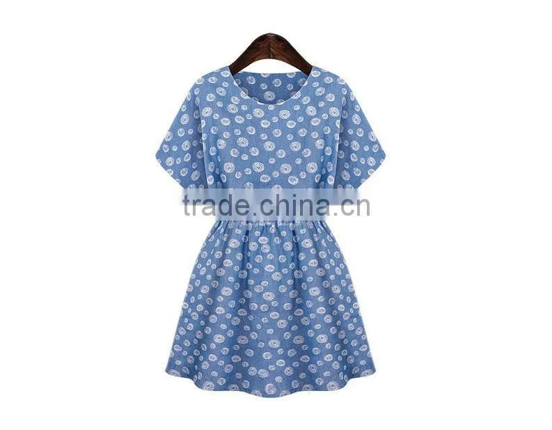 2014 Ladies Casual Women Top Designer Denim Summer women wear short sleeve Dress High Qality printing Women dress fashion 2014